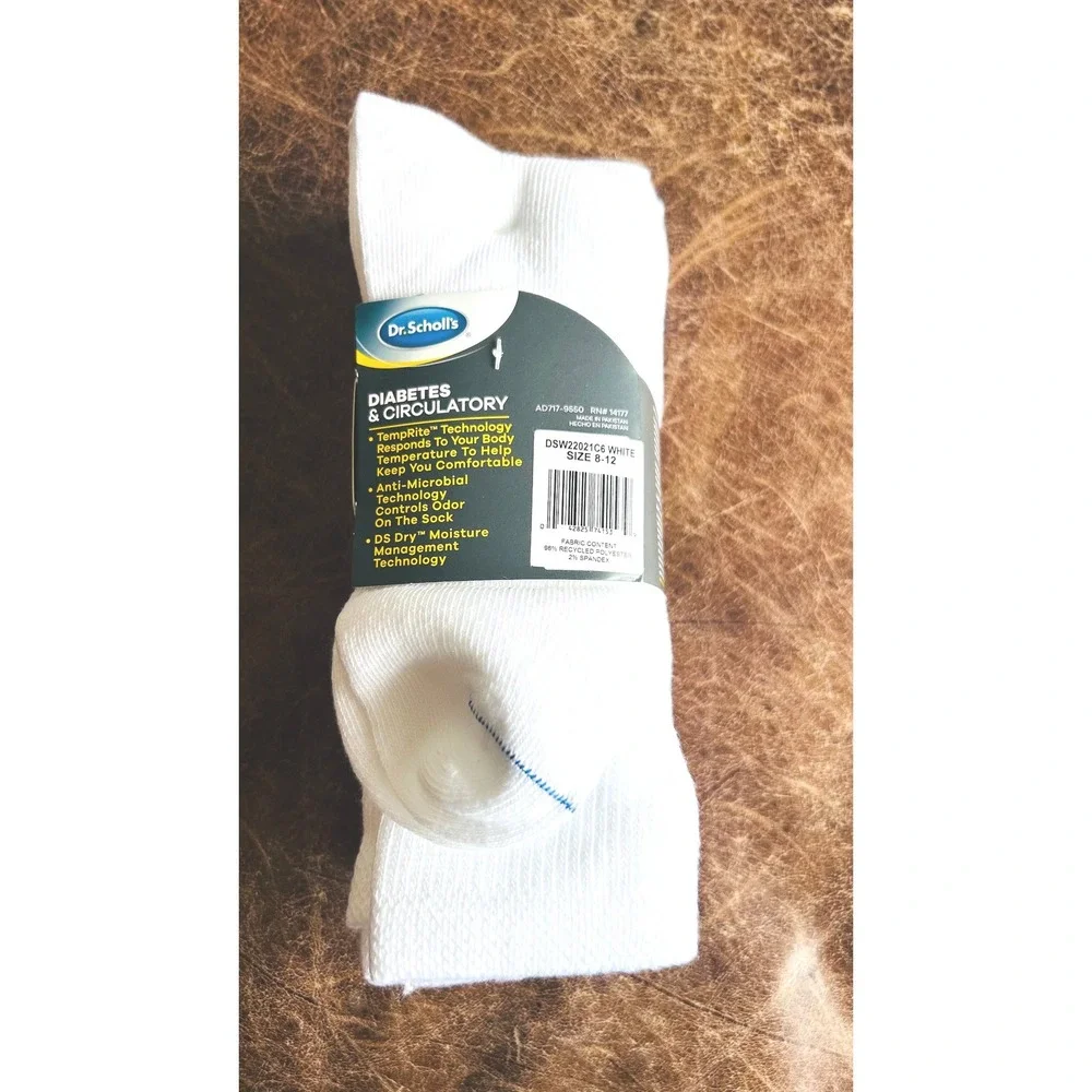 Dr. Scholls Womens Diabetes Circulatory Crew Socks 6 Pair White Size 8-12
